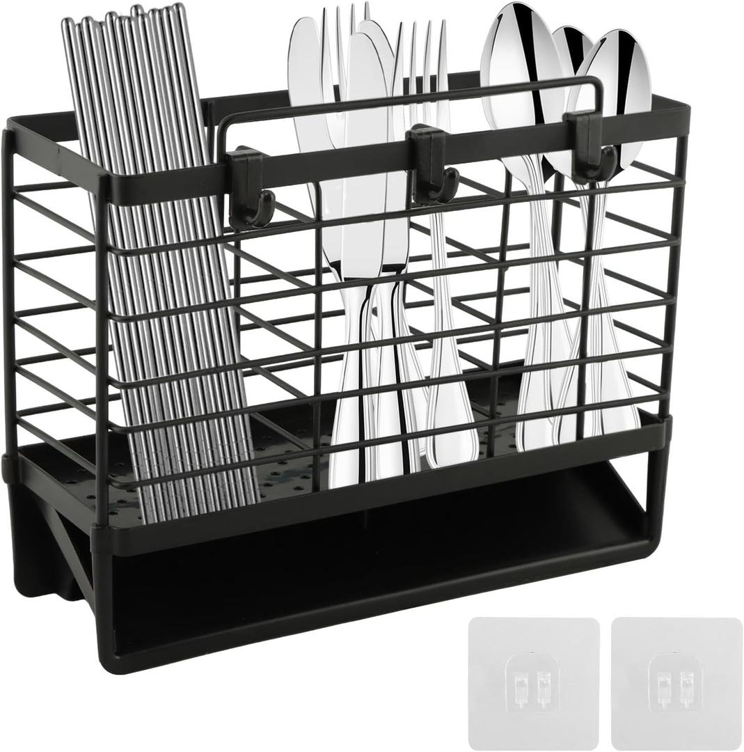 3-Compartment Dish Drying Rack for Kitchen, Carbon Steel Utensil Holder with Drain Tray, Utensil Caddy Organizer for Knives, Forks, Spoons, Chopsticks, Wall Mount or Countertop(COLOR:Black)