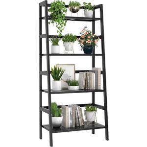 Homykic Bamboo Bookshelf 4-Tier Ladder Shelf, 49.2 Freestanding Open Bookcase Book Shelf Bathroom Storage Shelf Unit Plant Stand for Small Space, Living Room, Bedroom, Home Office, Black