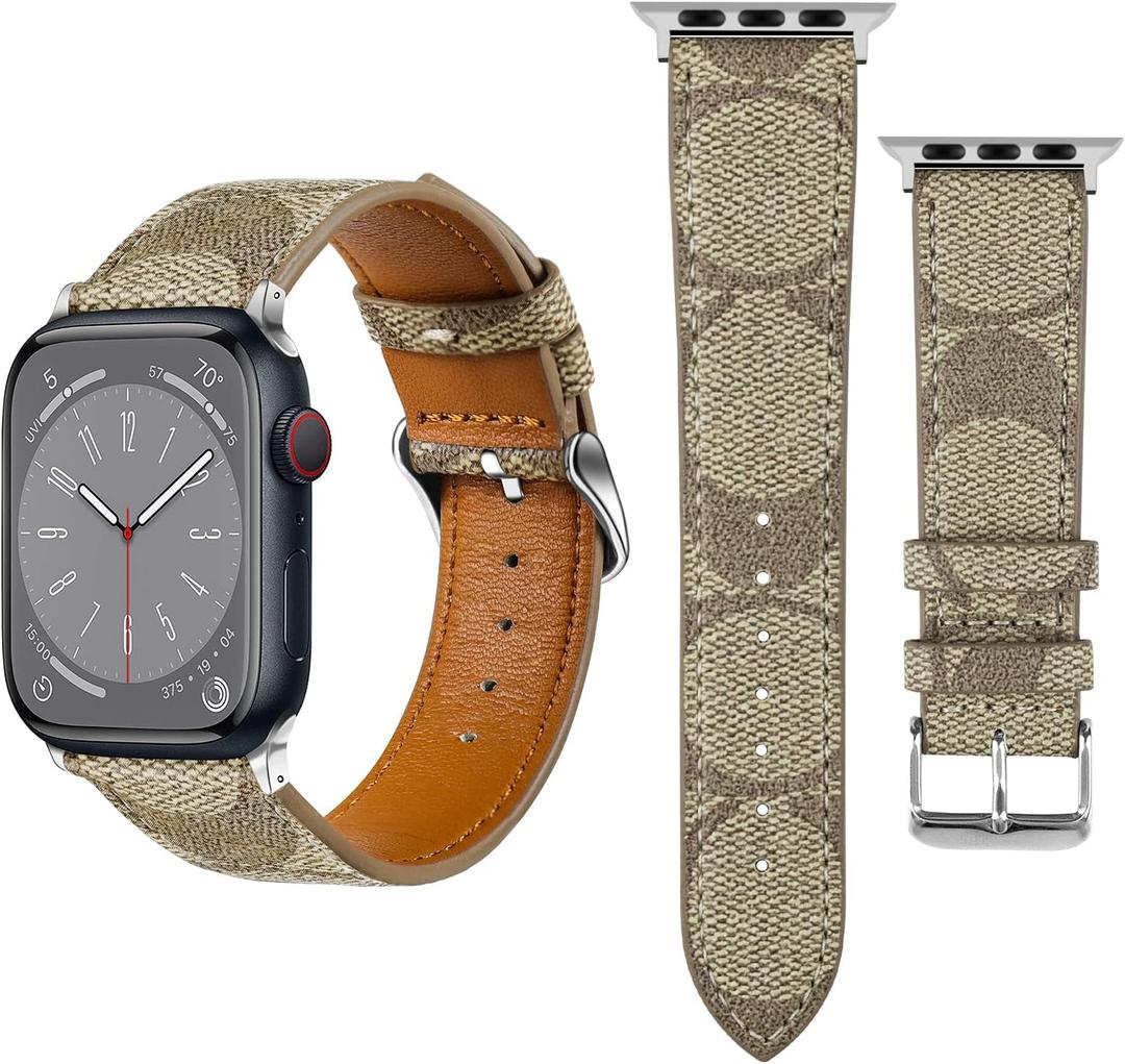 Leather Band Compatible with Apple Watch iWatch 38mm 40mm 41mm 42mm 44mm 45mm 49mm Women Men, Luxury Designer Leather Wristband for iWatch Ultra/Ultra 2 Series 9 8 7 6 5 4 3 2 1 SE SE2 (Brown)