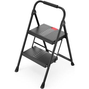 TOOLF 2 Step Ladder, Folding Step Stool with Anti-Slip Wide Pedals & Handrail, Safe-Lock Design, Portable Sturdy Steel Ladder Stool for Home & Black