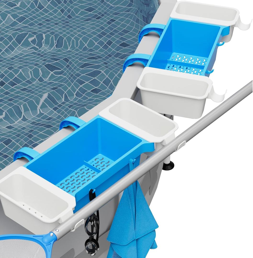 2025 2 Sets Poolside Storage Basket with 2 Cup Holder & Pole Hanger, Hold 12KG+,Toy Holder Storage for Towels Drinks Pool Accessories Bar for Most Frame Above Ground Swimming Pools