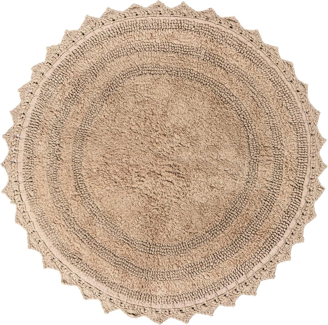 Soft Cotton Crochet Round Pattern Bath Rug - Mats for Bathroom, Shower, Bath Tub, Sink, Toilet - (24 Inches, Beige)