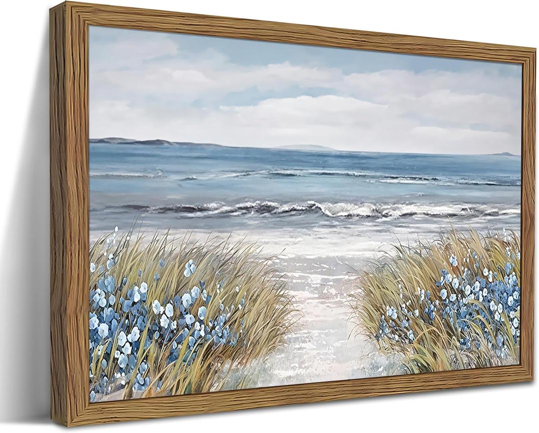 Wood Framed Coastal Beach Wall Art, Vintage Floral Ocean Landscape Canvas Wall Decor Paintings, Blue Boho Farmhouse Coastal Posters Prints Pictures for Living Room Bedroom Bathroom 16x24 Inch