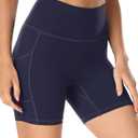 YUNOGA Womens High Waist Biker Shorts with Pockets 6"/8" Yoga Shorts Gym Workout Running Spandex Shorts (Blue, XS)