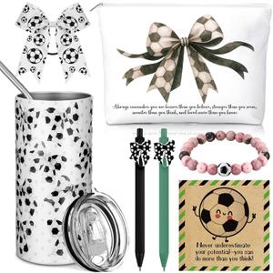 Patelai 7 Pcs Soccer Gifts for Girls Soccer Stuff Accessories Gifts 14 oz Stainless Steel Cup Makeup Bag Bracelet Hair Scrunchies Ballpoint Pen with Inspirational Cards for Senior Night Birthday Team