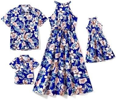 PATPAT Family Hawaiian Matching Outfits Mommy and Me Outfits Caribbean Vacation Summer Tropical Halter Sundresses and Shirts M, Deep Blue