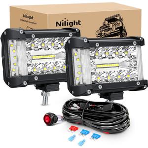 Nilight Side Shooter LED Light Bar 2PCS 4.3 Inch Triple Row Spot Flood Combo with Wiring Harness Kit for Off Road Driving Fog Work Lamp on Truck SUV ATV UTV