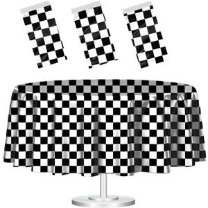3 Pack Black and White Round Checkered Tablecloth 84 84 Checkered Table Cover Disposable Tablecloth for Round Tables Race Car Theme Party Birthday Picnic Camping Checkered Round Plastic Table Cloth