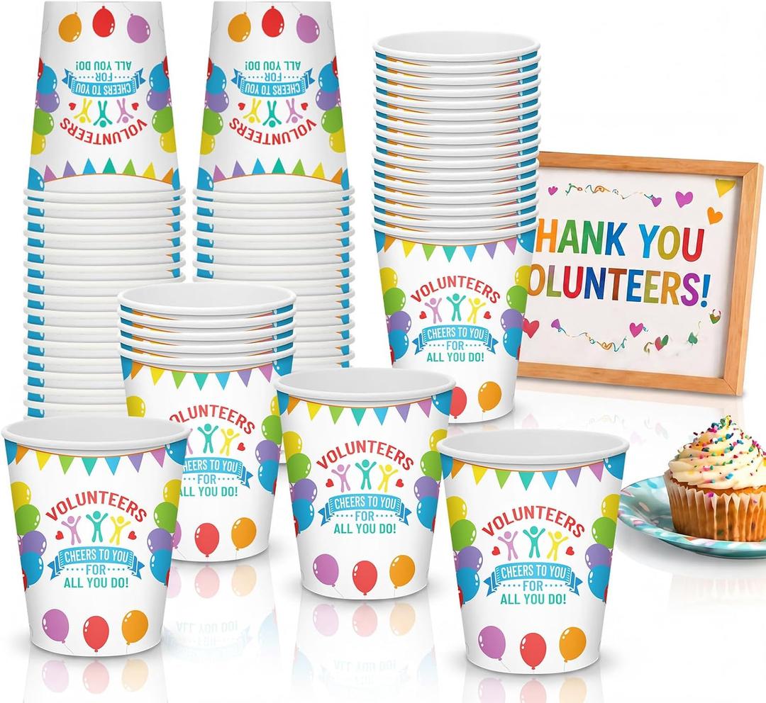 2 x Potchen 100 Pcs Volunteer Appreciation Party Decoration 9 oz Thank You Volunteers Appreciation Cups Favor Paper Cups Bulk Coworker Staff Team Office Prizes for Adults Social Worker Staff Party Favor