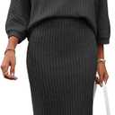 HBQ Women's 2 Piece Sweater Skirt Sets Ribbed Knit Loose Lantern Sleeve Top Midi Skirt Outfit Casual Loungewear Sets-Dark Grey-M