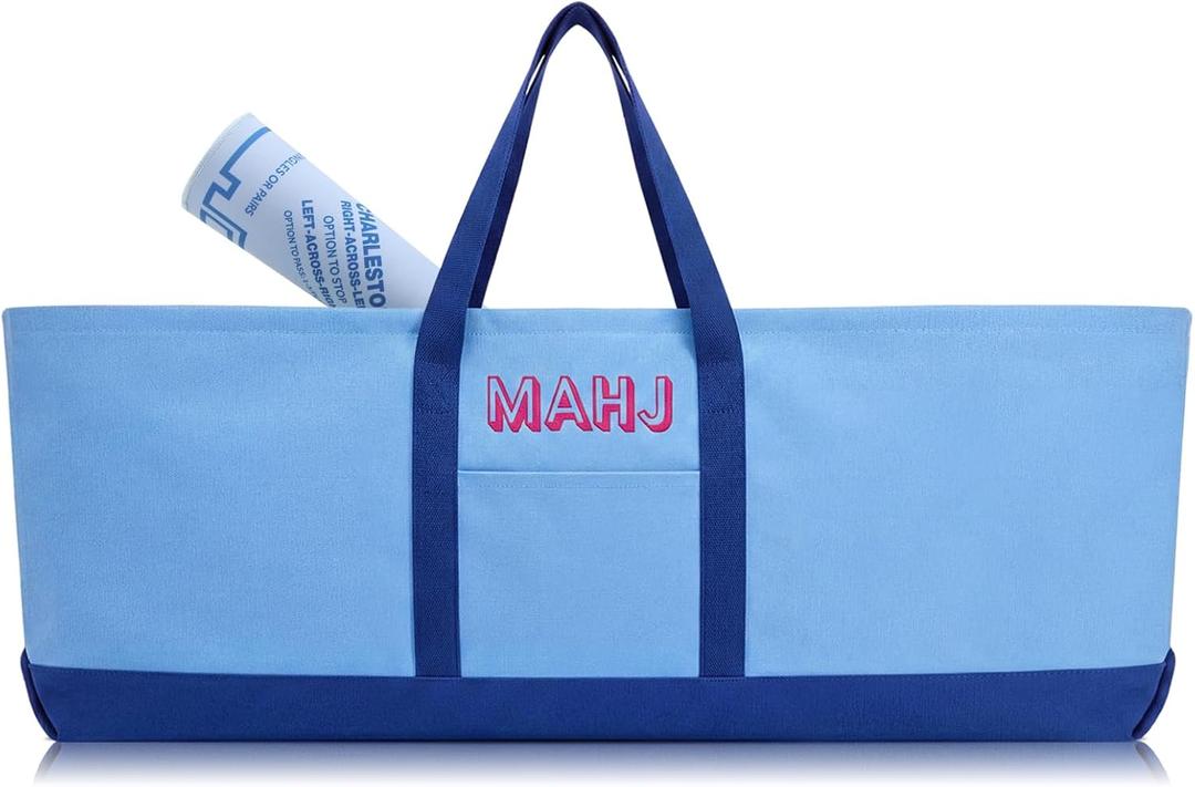 Sunnymove Mahjong Bag for Tiles and Racks Empty American Mahjong Tiles Carrying Tote 31.5 x 12 x 4 Inches Canvas Tile Games Accessories Gifts for Card Pushers Rack Mat Carrying, Case Only(Dark Blue)