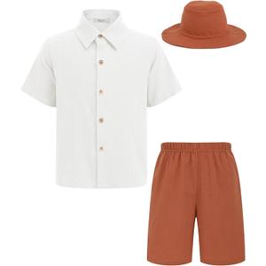 Arshiner Boys Cotton Linen Shorts Sets Button Down Short Sleeve Shirt and Shorts with Bucket Hat Summer Beach Outfits (White)