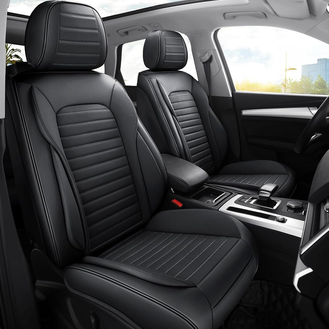 Car Seat Covers Full Set Black, Luxury Nappa Leather Seat Covers for Cars, Breathable and Waterproof Automotive Seat Covers, Universal Anti-Slip Seat Protector Fit for Most Cars (Black, Full Set)