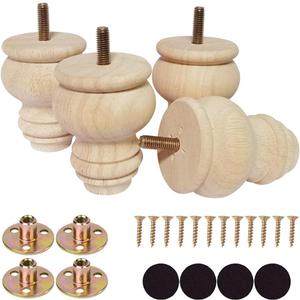 2 3 4 Inch Wooden Furniture Legs, Solid Wood Unpainted Replacement Furniture Legs, Ottoman/Loveseat Replacement Legs, Cabinet Legs/Desk/Sofa/Bookcase Round Bun Feet Set of 4 (3 Inch)