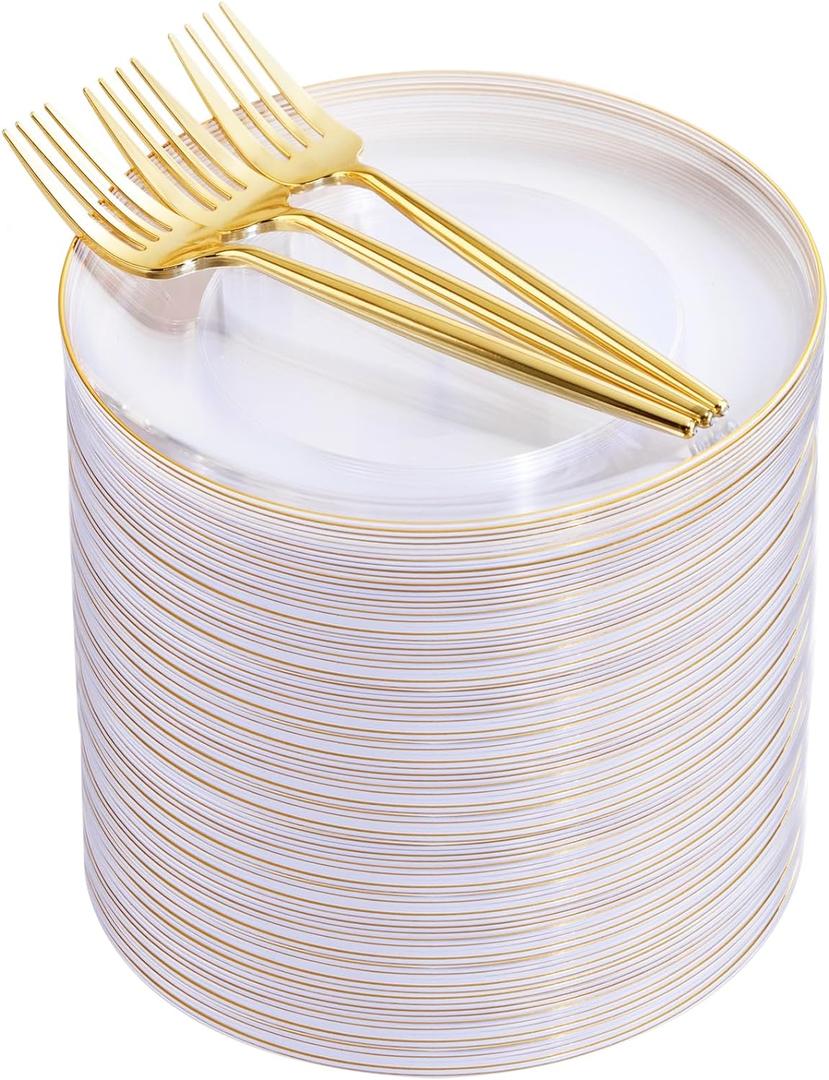 Rubtlamp 200Pcs Clear Gold Dessert Plates With Plastic Gold Forks, 100pcs 7.5inch Plates For Appetizers,100pcs 7.8" Premium Forks Disposable, Cake Platos Disposable for Wedding