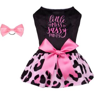 CuteBone Little Miss Sassy Pants Dog Leopard Print Dress Velvet for Small Dogs Girl Puppy Dresses Pink Dog Clothes CVA15M-D