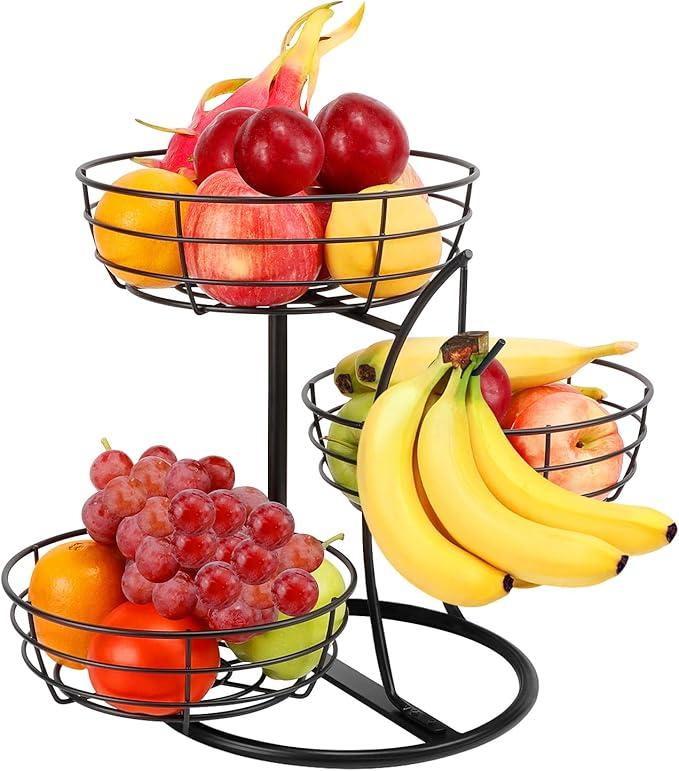 Livabber Fruit Basket Bowl with Banana Hanger, Metal Fruit Vegetable Storage Basket with Banana Holder for Kitchen Counter, Detachable Organizer for Bread Snack Produce (Black, 3Tier Marble Base)