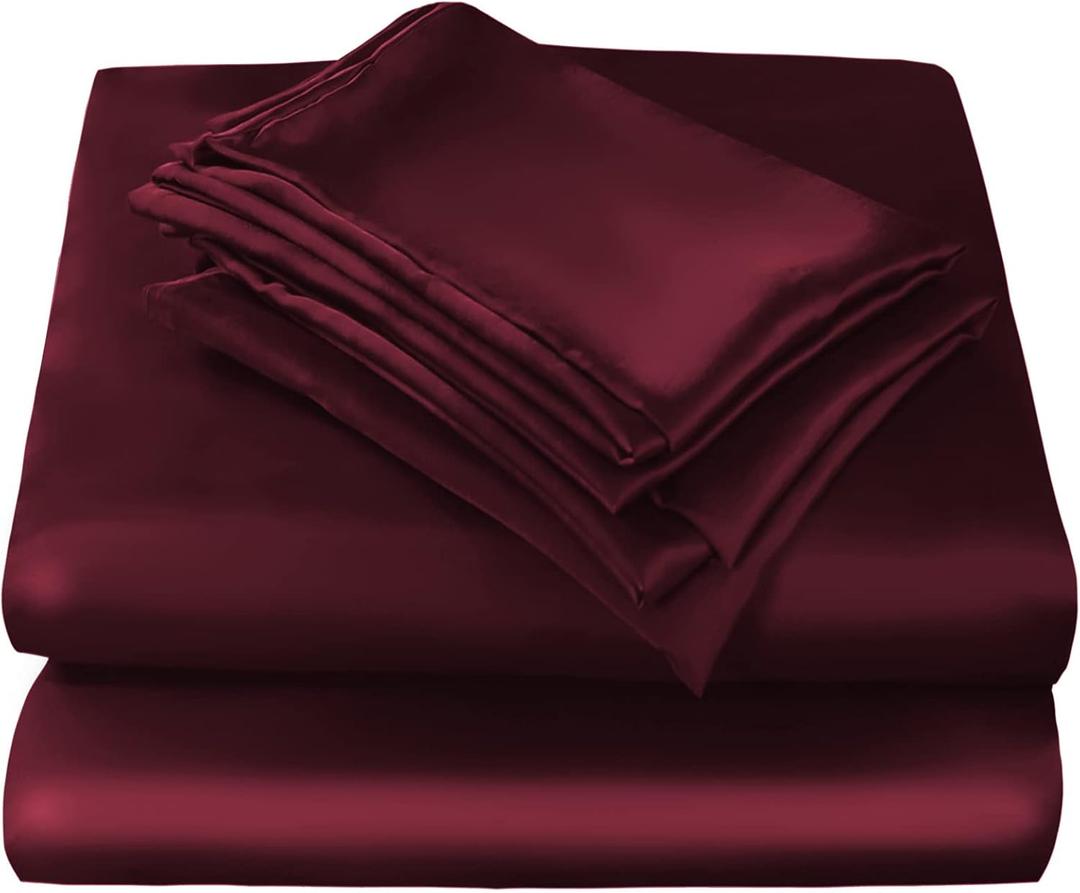JSD Burgundy Satin Sheet Set Queen Size, 4 Piece Silky Bed Sheets Extra Deep Pocket, Good for Hair and Skin