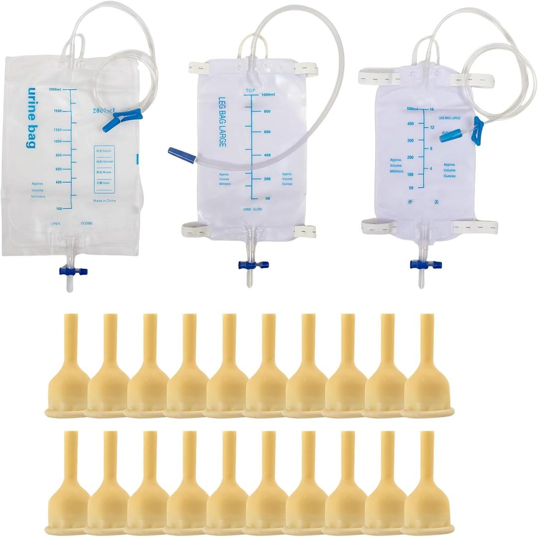 Condom Catheters for Elderly kit, 20 pcs Soft Latex, 1 pc 500 ml Leg Bag, 1 pc 1000 ml Urine Bags for Men, 1 pc Extra Large Catheter 2000 ml Urine Bag - External Catheter for Men (M - 30mm)