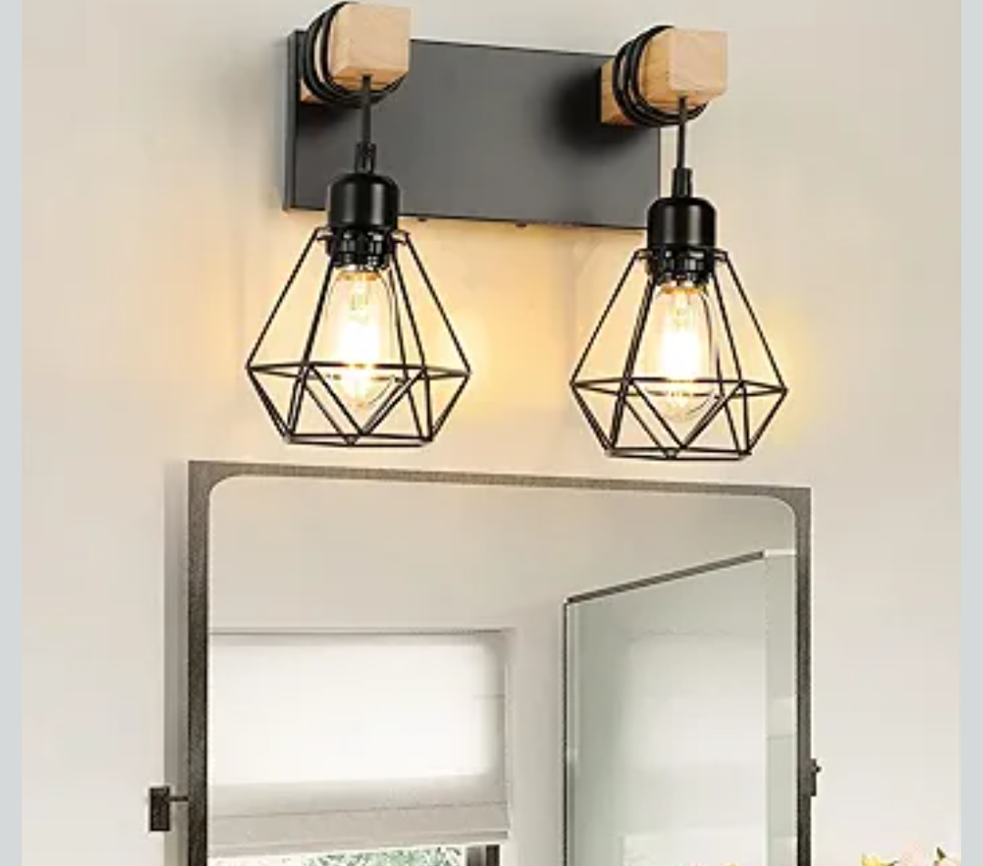 2-Light Vanity Light for Bathroom, Farmhouse Wood Vanity Light Fixtures Over Mirror, Metal Lampshade for Bathroom, Hallway, Living Room