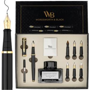 Wordsworth & Black Calligraphy Pen Gift Set, Includes Bottle, 6 Cartridges, Refill Converter, 6 Replacement Nibs, Premium Package, Journaling, Smooth Writing Pens [Black Gold]
