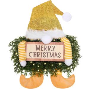 Knitgrip Christmas Lighted Wreath Gnome Xmas Gnome Door Wreath Artificial Santa Xmas Hanging Sign for Door Window Wall Decorations Farmhouse Christmas Home Decor(Gold)