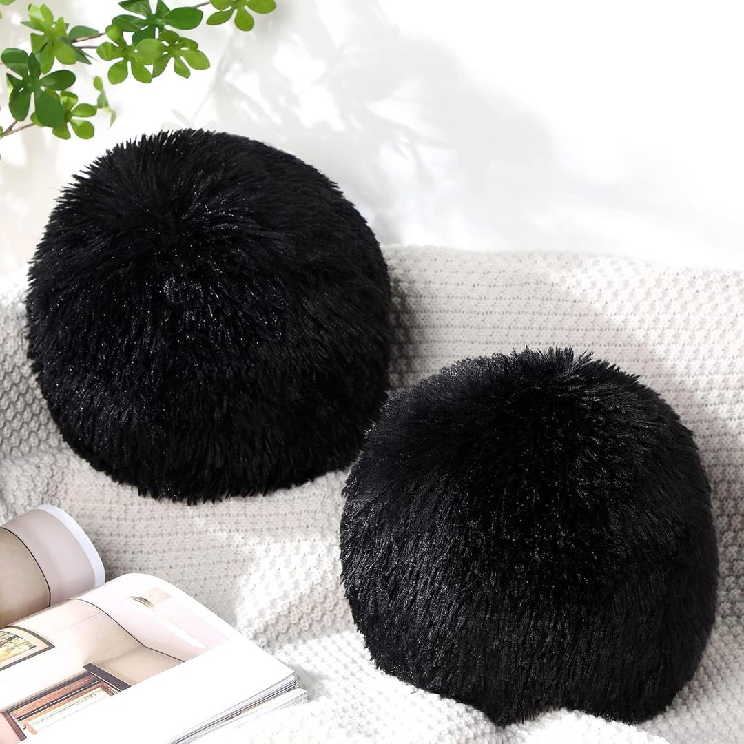 2 Pack Plush Round Ball Throw Pillow 10 Inch Nordic Soft Boucle Pillows Spherical Fuzzy Pillows Circle for Couch Sofa Bed Bedroom Living Room Office School Chair Decorations(Black)