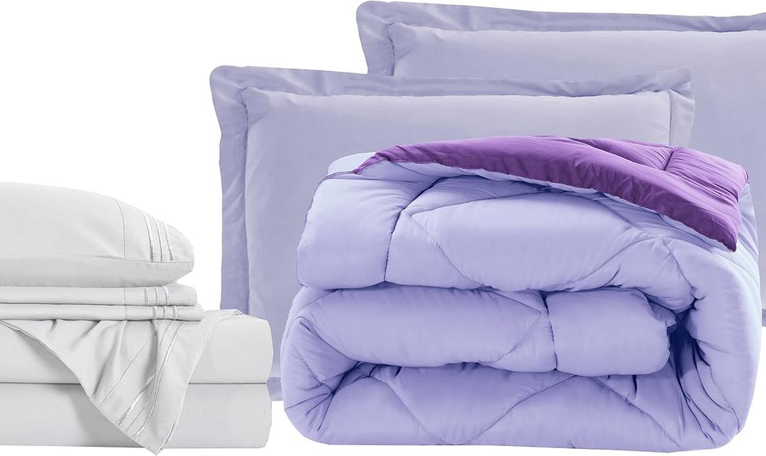 Elegant Comfort 1845 Premium 7-Piece Twin Size Bag, Super Cozy Bed Sheets and Comforter Set, Wrinkle and Stain Resistant, Microfiber, Lilac/Purple, Queen