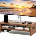 BONTEC Walnut Monitor Stand Riser, 21.3 Inch 2-Tier Wood Desk Shelf for Monitor & Laptop, Desktop Organizer with Cable Management and Phone Holder, Ergonomic Computer Riser, 66 lbs Capacity