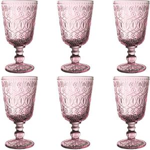 Taganov Vintage Glassware Purple Water Goblets Drinking Colored Wine Glasses set of 6 Pink Embossed Drinkware Stemware 10 oz for Wedding Party Bar Christmas