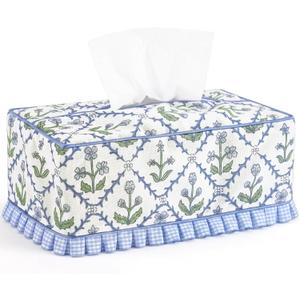 Ruffle Boho Fabric Tissue Box Cover, Handmade Block Print Floral Cloth Rectangular Decorative Tissue Box Sleeve Grand Millennial Decor for Bathroom Vanity Home Office(Trellis Floral)
