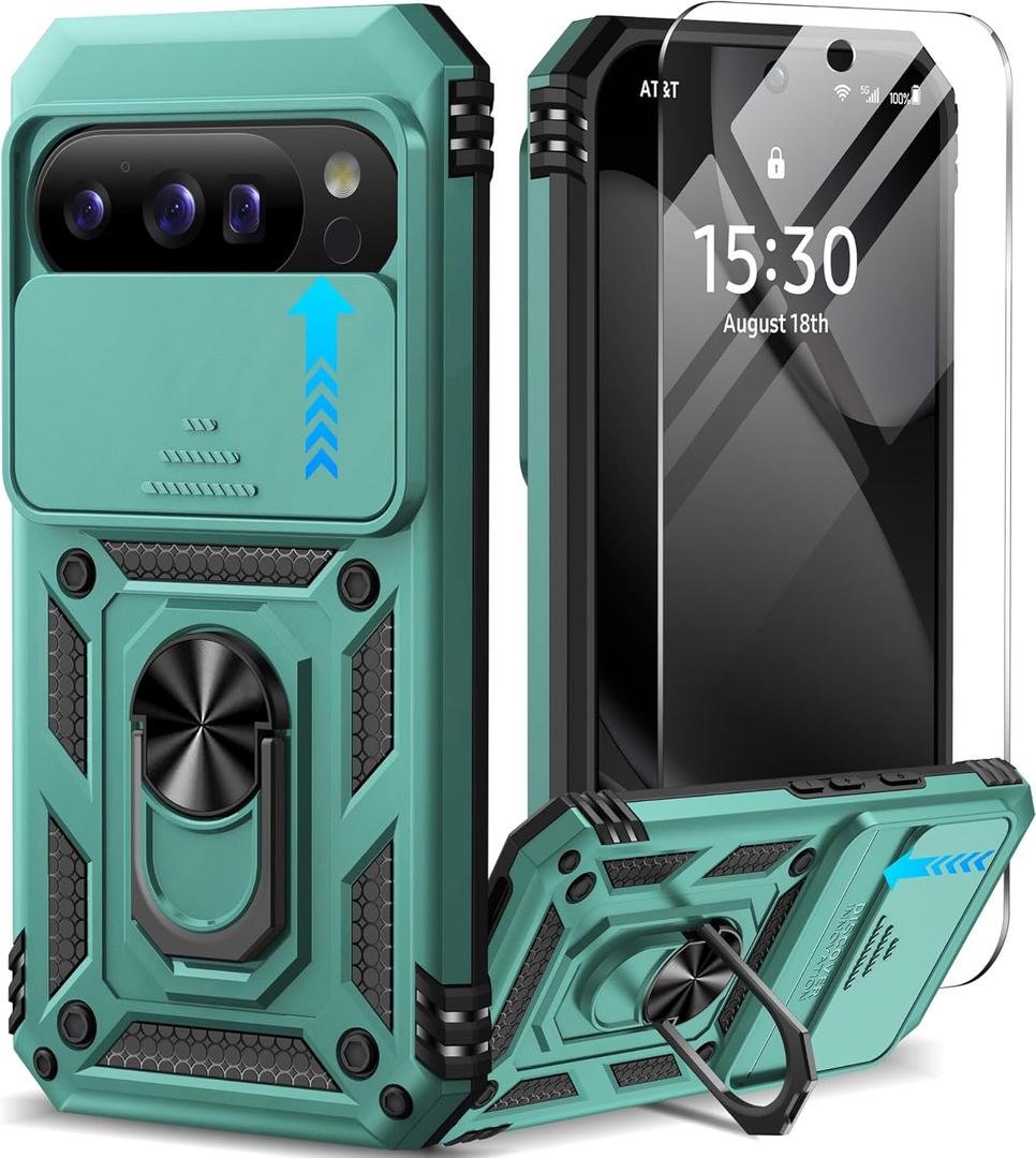 Taisairu for Google Pixel 10 Case/Pixel 10 Pro Case with Screen Protector & Slide Camera Lens Cover,Built-in Ring Stand Protective Phone Case for Pixel 10 Case/Google Pixel 10 Pro Case (Green)