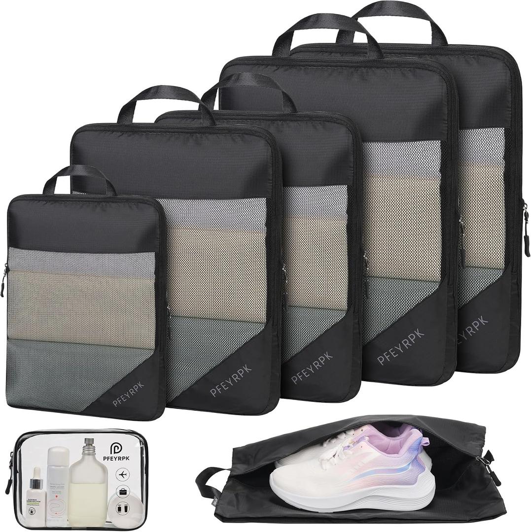 PFEYRPK Lightweight Compression Packing Cubes for Suitcases, Compressible Expandable Travel Packing Organizer with Clear Toiletries and Backpack Bag, Travel Essentials for Carry on Luggage 7 Set