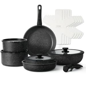 CAROTE 17pcs Pots and Pans Set Detachable Handle, Nonstick Cookware Set with Removable Handle,RV Kitchen Set, Oven Use, Camping Use, Midnight Black Granite