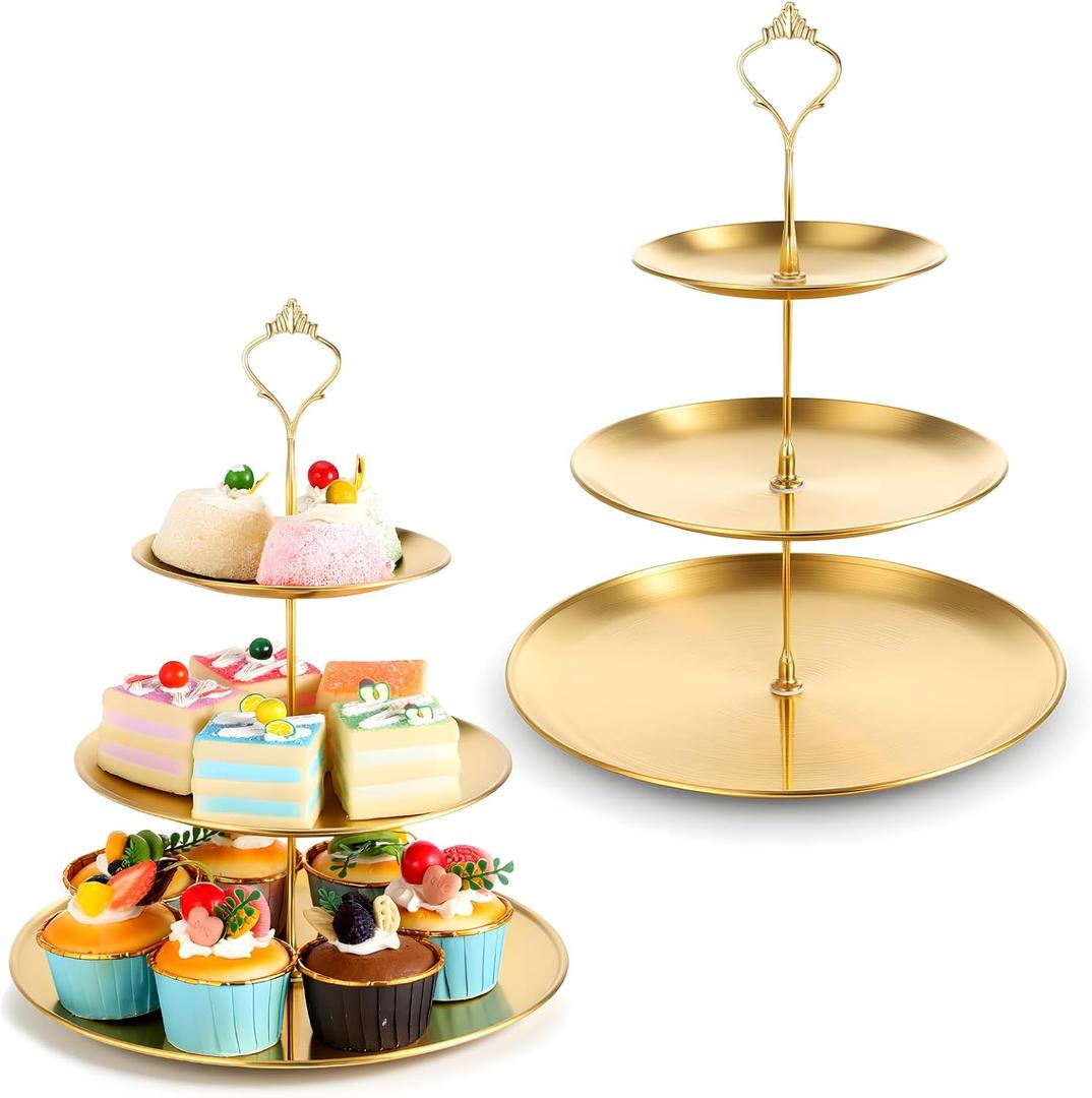 2Pcs 3 Tier Stainless Steel Cupcake Stand, Gold Tiered Dessert Stand Round Shape Dessert Serving Tray Cookie Candy Buffet Stands for Wedding, Birthday, Tea Party, Baby Shower, Christmas