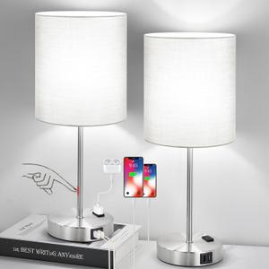 Set of 2 Touch Grey Table Lamps with 2 USB Ports & AC Outlet, 3-Way Dimmable Bedside Nightstand Lamps for Bedroom Living Room Nursery, 800 Lumens 5000K Daylight Bulbs Included