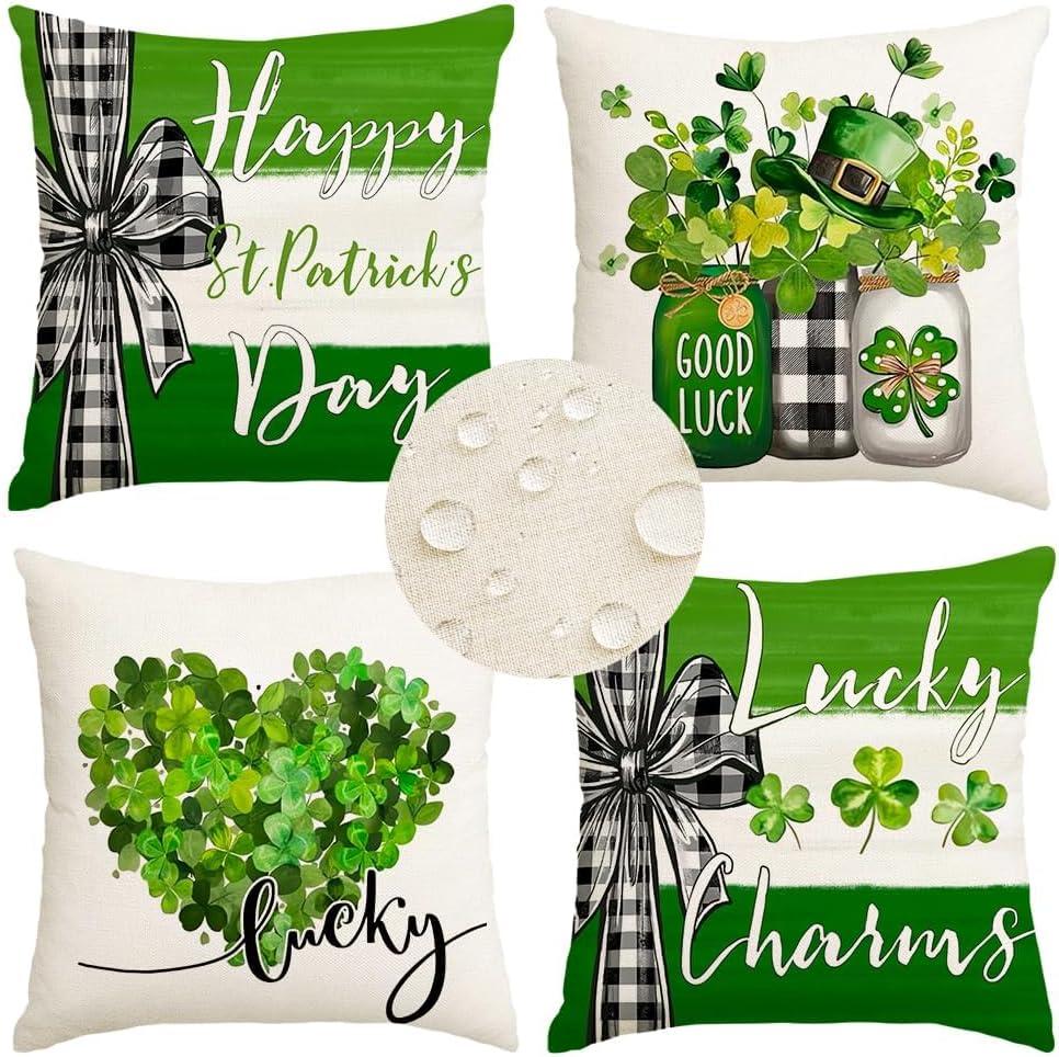 RABUSOFA St Patricks Day Outdoor Waterproof Throw Pillow Cover,16x16 Inch Charm Clover Buffalo Plaid Shamrock Heart Stripes Cushion Case Decoration for Couch (Green)