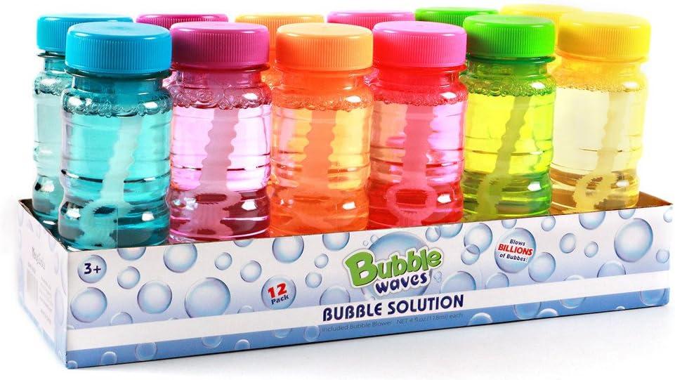 Big Bubble Bottle 12 Pack - 4oz Blow Bubbles Solution Novelty Summer Toy - Activity Party Favor Assorted Colors Set