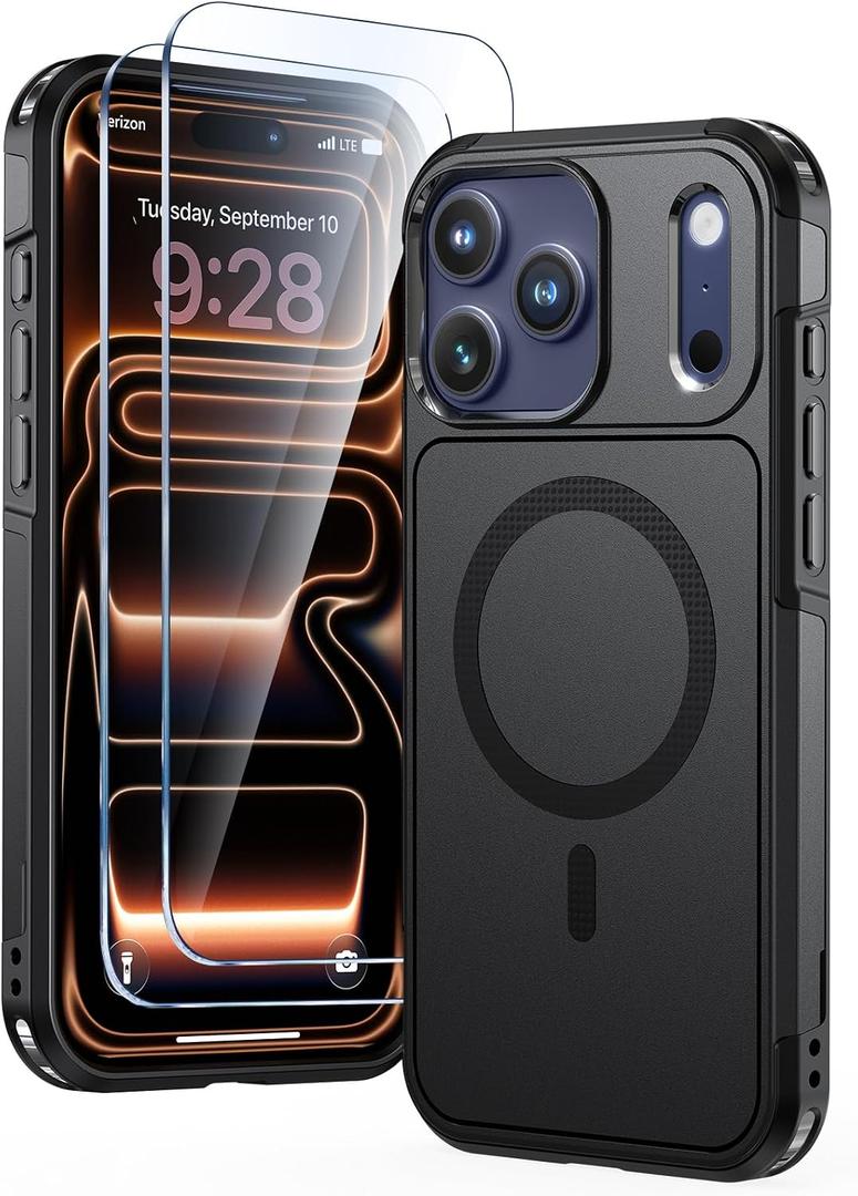 Lanhiem Magnetic for iPhone 17 Pro Case, with [2 Pcs Screen Protector] [Compatible with MagSafe] Shockproof Heavy Duty Military Grade Protective Phone Case Cover for iPhone 17 Pro (Black)