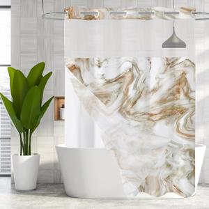 MitoVilla No Hooks Required Brown Shower Curtain Set with Snap-in Liner, Modern Abstract Marble Shower Curtains for Luxury Hotel Grade Spa-Like Bathroom Decor, 72 x 74