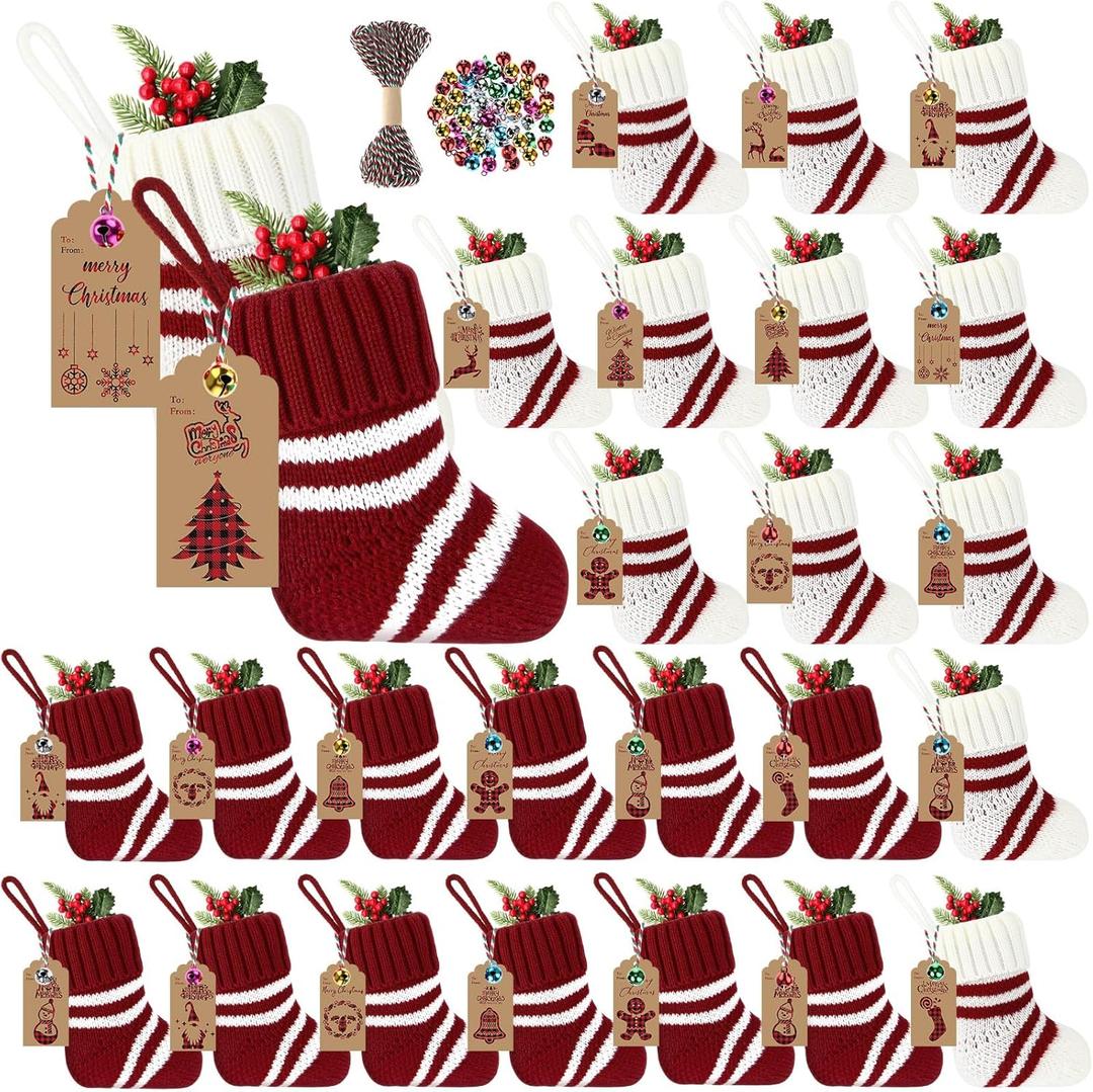 Glimin 24 Set Mini Christmas Stockings Set 6 Inch Red White Knitted Stripe Xmas Hanging Stocking with Kraft Paper Gift Tags Bells Christmas Tree Ornaments for Family Fireplace Decorations