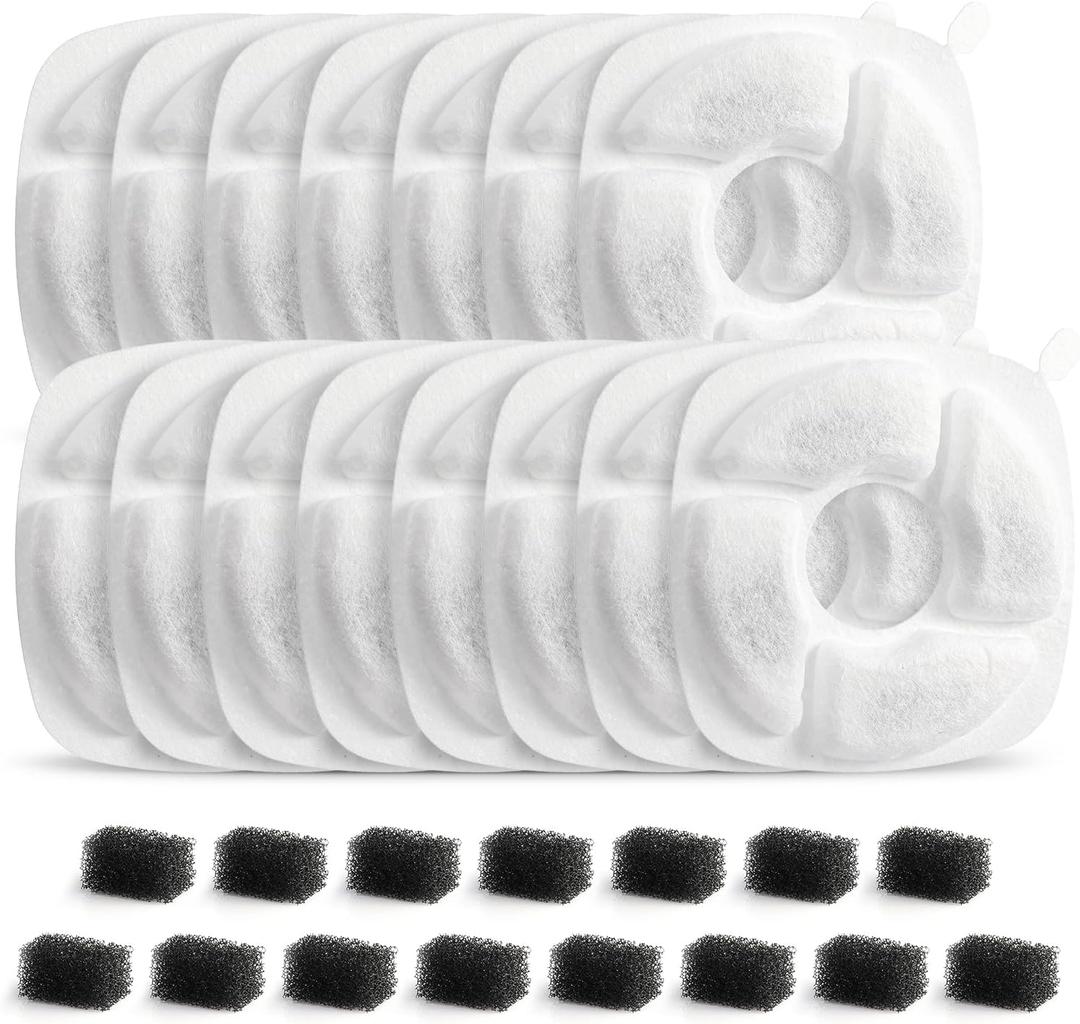 30 Pcs Cat Water Fountain Filter, 15 Pack Replacement Filters & 15 Pack Pre-Filter Sponges Fit for Veken 67oz, 95oz, 135oz & 118oz MIUZZY Pet Dog Water Dispenser