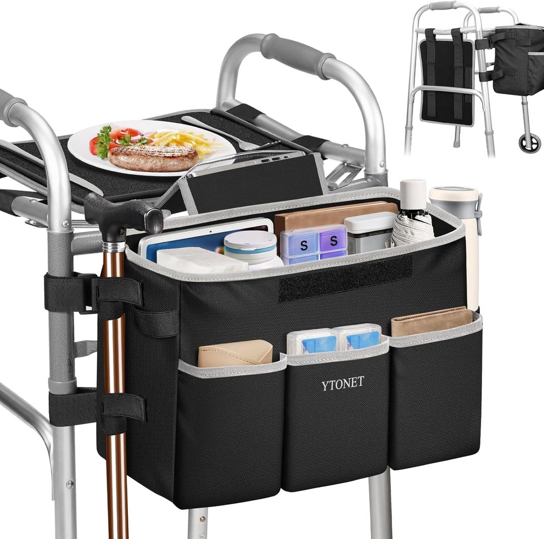 Ytonet Walker Basket with Tray, Detachable Walker Tray for Folding Walkers, Large Capacity Storage Basket with Phone and Crutch Holder, Water-Resistant Non-slip Walkers Accessories for Seniors (Black)