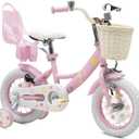 Girls Bike with Basket for Toddlers and Kids Aged 3-14 Years Old, 12 14 16 18 Inch with Training Wheels & Doll Seat, 20 Inch with Kickstand & Rear Rack, Princess Style Bicycle for Gift. (Pink & White)