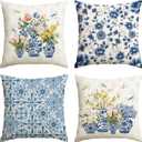 AVOIN colorlife Porcelain Vase Chinoiserie Floral Throw Pillow Covers, 18 x 18 Inch Spring Summer Flowers Cushion Case Decoration for Sofa Couch Living Room Home Decor Set of 4