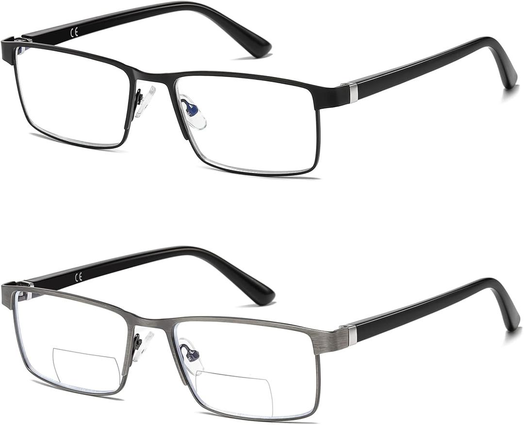 Bifocal Reading Glasses Men Blue Light Computer Readers Clear Top Designer Metal Frame Fashion Spring Hinge Eyeglasses (Black & Anti-gun)