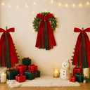 Large Red Velvet Christmas Ribbon Bow Sash for Wreath 12" x 24" Classic Xmas Tree Topper Bow Ribbons Bundle Giant Holiday Ornaments Decor for Winter Front Door Wall Window Indoor Outdoor (Red and Green)