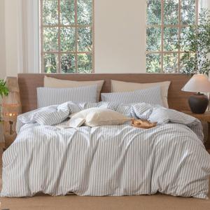 MooMee Striped Duvet Cover Set 100% Washed Cotton Linen Like Textured Breathable Durable Soft Comfy (Cornflower Blue White Classic Stripes, Queen 90"x90")