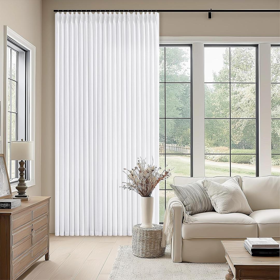 White Extra Wide Pinch Pleat Linen Curtains 120 Inches Long for Living Room Sliding Glass Door 70 Inch Wide Curtain Memory Trained Pleated Drape with Hooks Rings 70x120Large Window Curtain