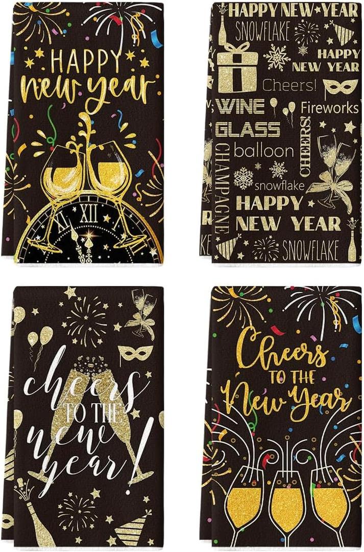 Artoid Mode Balloon Champagne Happy New Year Kitchen Towels Dish Towels, 18x26 Inch Farmhouse Fireworks Snowflake Decoration Hand Towels Set of 4